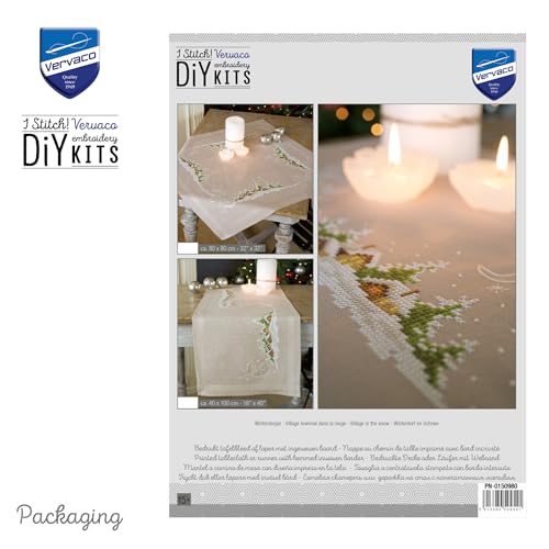 Vervaco Embroidery Christmas Embroidery Kits Cross Stitch Table Runner DIY Set, Tablecloth to Embroider with Image on Cotton and Embroidery Thread, 16 x 40 Inches, Snow Village - color: Multicolor