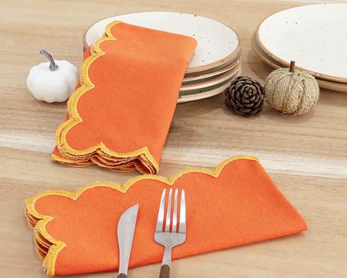 PurpleEssences Scalloped Cloth Napkins 18x18 in - Orange Edge Golden Yellow - color: Orange(edges- Golden Yellow)