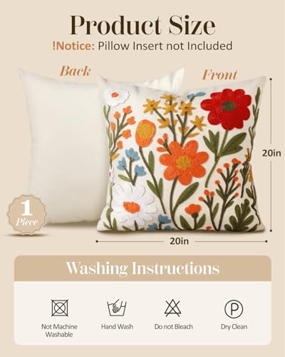 Embroidered Throw Pillow Cover 20x20 Inch, Flower Cluster - color: Flower Cluster, size: 20" x 20" (Pack of 1)