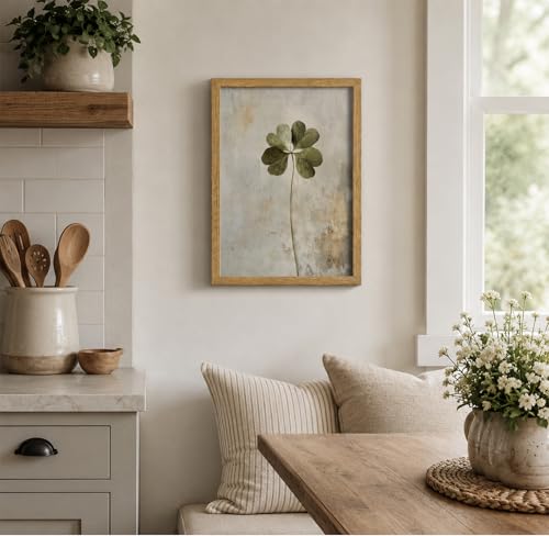 Framed Botanical Wall Art Four Leaf Clover Picture for Bathroom Wall Decor - color: Four-Leaf, size: 10"L x 8"W