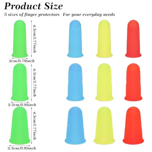 12 PCS Silicone Finger Protectors Covers, 3 Sizes Rubber Finger Tips Office Thumb Guard Sleeves Fingers Thimbles Cots for Hand Sewing Hot Glue Embroidery Cutting Ironing (Yellow Red Blue Green)