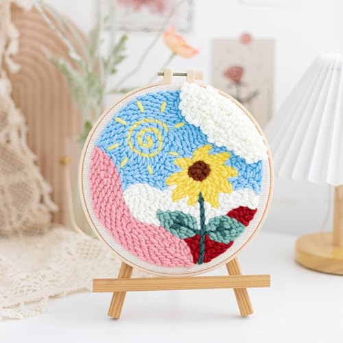Allazone 3 Set Punch Needle Embroidery Starter Kits, DIY Craft Punch Needle Kits with Flower Pattern, Plastic Hoop, Yarn, Embroidery Handle Needle Pen and Instruction - color: Yellow flowers