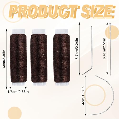 Hair Needle and Thread Set 12 Pcs Sewing Hair Extension Tools Curved Needle Brown Weaving Threads for Making Wig, Sew in Needles and Thread(Brown)