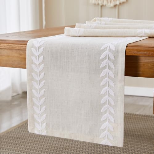 Linen Embroidered Table Runner, White Table Runners 48 Inches Long - color: White, size: 13×48 Inch