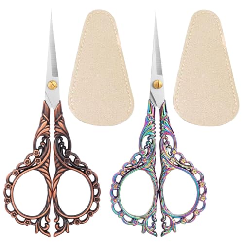 Jasni Pretty Embroidery Scissors 5 Inch Small Sewing Crafting Stainless Steel Vintage peach blossom handle for DIY tools Craft Tailor Threading Shears 2 Packs with cover (Red bronze and Color) - color: Red Bronze and Color