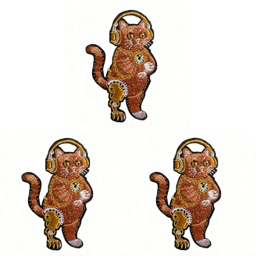 U-Sky Sew or Iron on Embroidered Patches | Post-Apocalyptic Gilded Cat with Gold Gears & Steampunk Goggles Design | Luxury Animal Theme for Jackets Bags Denim | 2.6"x3.1" 3PCs Pack - color: Shorthair Wasteland