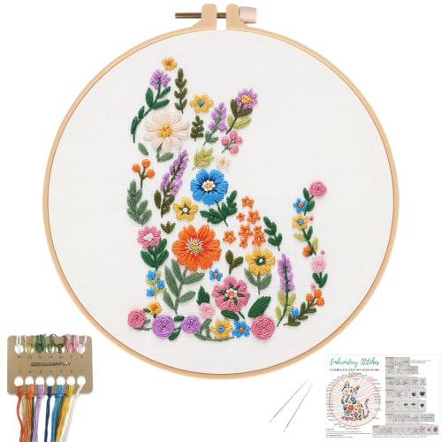 Nuberlic Embroidery Kit for Beginner,Floral Embroidery Practice Kit - color: CAT