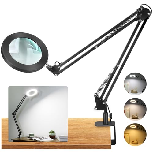 Large 15X Magnifying Glass with Light, 5 in Real Glass Stand Lighted Magnifier, 3 Color Modes Steepless Dimmable LED Magnifying Desk Lamp with Clamp, Hands Free for Close Work Crafts Hobby