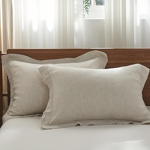 Simple&Opulence 100% French Linen Pillowcases with Embroidery – Pack of 2, Washed Solid Color Natural Flax, Soft & Breathable - Linen, 20'' x 26'' - color: Linen, size: Queen