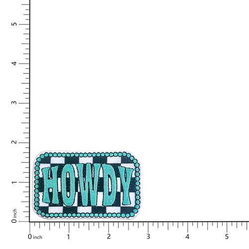 Howdy Turquoise Checkered Patch, 2.75” x 1.75", Embroidered Iron-On for Hats, Bags, Jackets, 2-Pack - color: Checkered Howdy Patch