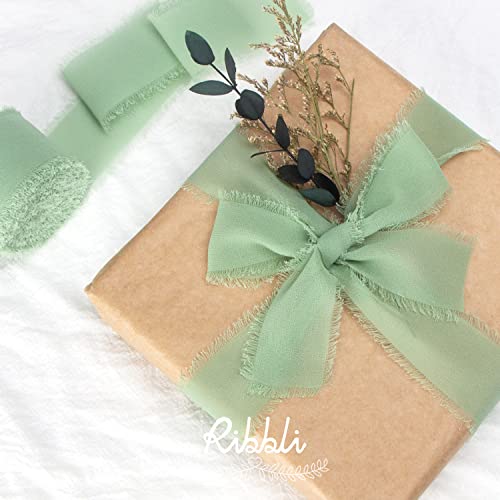 Ribbli Green Chiffon Ribbon1.5 inch x 30 Yard Handmade Silk Ribbon for Wrapping,Ivory Sage Forest Green Fringe Chiffon Ribbon for Wedding Invitations, Bridal Bouquets, Flower Arrangement Decoration - color: Ivory/Sage Green/Forest Green