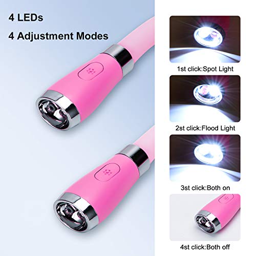 LED Neck Book Light, USB-C Rechargeable, Hands Free, 4 Super Bright LED Bulbs, 3 Adjustable Brightness, Best for Reading in Bed, Knitting, Walking, Jogging, Mending in Night (Pink) - color: Pink