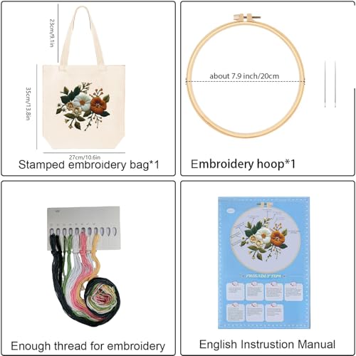 Huacan Embroidery Canvas Bag Kits for Adults Beginner Stamped Flowers Pattern DIY Cross Stitch Printed Flower Stitching Sewing Kit - color: Flower 3