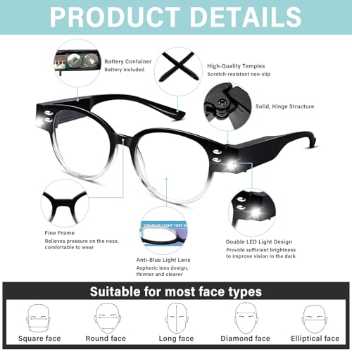 3Pack Reading Glasses with Light and Magnifier Bright Led Readers with Lights Blue Light Blocking Lighted Eye Glasses - color: Style 2