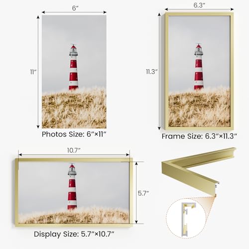 6x11 Aluminum Metal Picture Frame,Tempered Glass Gold Photo Frame 6x11 for Family Photo,Posters,Art,Document to Wall Mount Horizontally or Vertically - size: 6x11