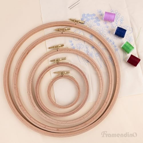 Framendino, 5 Pack Sizes Beech Wood Embroidery Hoops Wooden Circle Cross Stitch Hoop Ring for Needlework