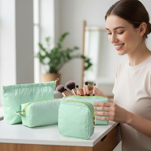 Sanwuta 4 Pcs Seersucker Pouch Striped Makeup Bag Set, Green - color: Green
