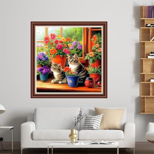 Dimensean Counted Cross Stitch Kit for Beginners, 11CT Unprinted Cross-Stitch Kit Easy Patterns Needlepoint Kit Cross Stitching Embroidery Kit Supplies-Cat Flowers on the windowsill 18x18 inch - color: DIYColor05