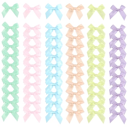 Pre-Tied Pastel Rainbow Satin Ribbon Bows for Crafts 3", 6 Colors - color: Pastel