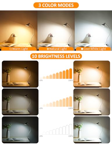 LiFMIRA Desk Lamp Clip on Light USB Reading Light 3 Color Modes White - color: White