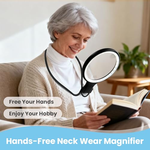 Hands-Free Neck Wear Magnifying Glass with Light - 3 Lighting Modes, Detachable 2-in-1 Neck & Handheld Magnifier,5X Main Lens + 10X Auxiliary Lens for Close Work, Reading Books, Sewing, Seniors