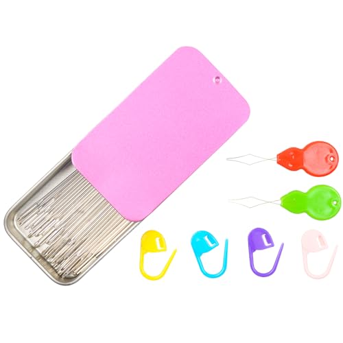 40/80PCS Large Eye Sewing Needles, 8 Sizes Hand Sewing Sharp Needles, Embroidery Needle, Leather Needle,Stainless Steel Yarn Needles with Threaders & Stitch Markers (Rosy Purple 80pcs) - color: Rosy Purple 80pcs