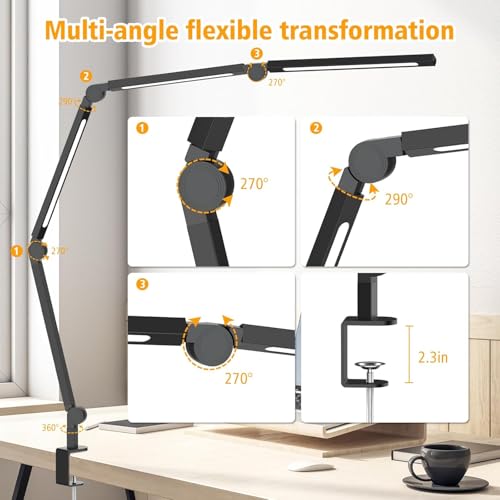 AILBTON Bright LED Desk Lamp with Clamp,Eye Caring Architect Led Desk Lights with Adjustable Swing Arm for Office Home,Dimming and Tempering Led Table Light