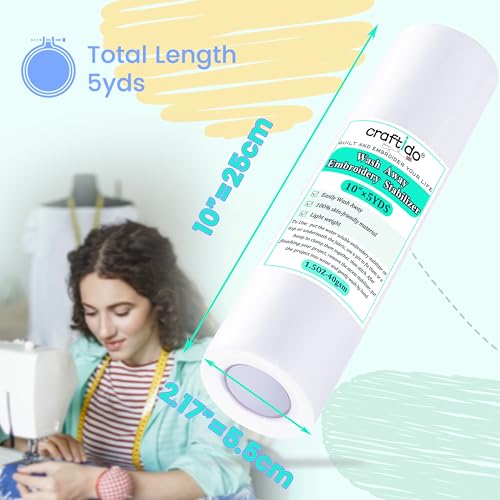 Craftido Wash Away Embroidery Stabilizer Backing -10" x 5 Yd/Roll - size: 10"x5yd roll