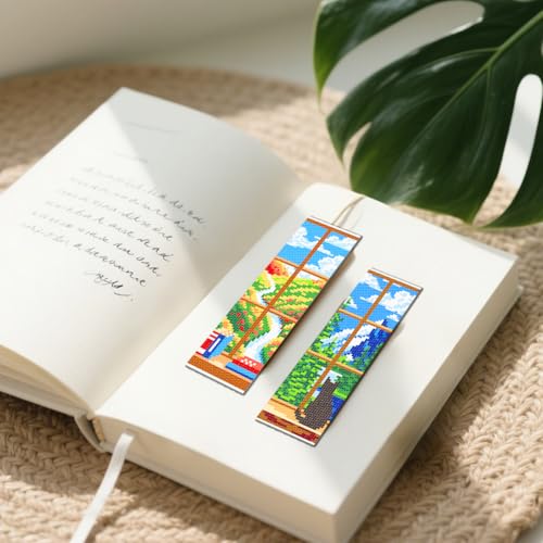 FREEBLOSS 6 Set Cross Stitch Bookmark Kit 11 CT Stamped Cross Stitch Kit DIY Embroidery Bookmark Kits for Adult Beginners with Instructions, Window Views, 6 x 20 cm/8" x 2.4" - style: Windows