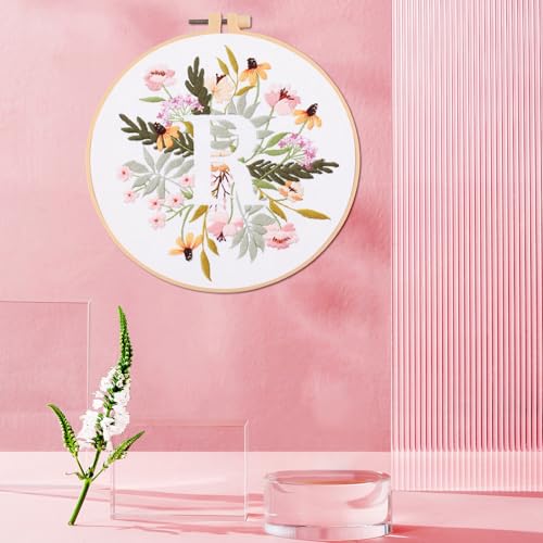 IUHUI Embroidery Kit for Beginners Adults - 26 Floral Letters Easy Patterns, DIY Hand Stitching Embroidery Set with Hoop (Flower and Grass Letter R) - color: Flower and Grass Letter R