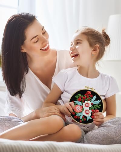 ERKOON Embroidery Kit for Beginners, Flower Cross Stitch Set for Include Embroidery Cloth Hoops Threads for Craft Lover Hand Stitch with Embroidery Skill Techniques (Dream Black Cloth) - color: Dream Black Cloth