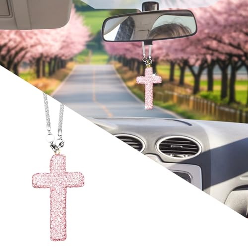 Bling Car Rear View Mirror Accessories Hanging Pendant,Cross Crystal Rhinestone For Car Mirror Hanging,Double-Sided Cross Diamond Religious,Interior Men Women Car Accessories - color: Pink
