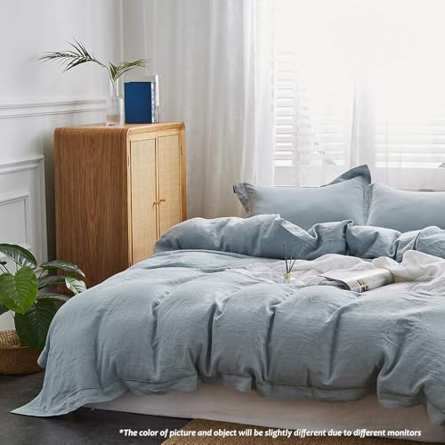Simple&Opulence 100% Linen Duvet Cover Set with Embroidery Border Washed - 2 Pieces (1 Duvet Cover & 1 Pillow Sham) with Button Closure Soft Breathable Farmhouse - Dusty Blue, Twin Size - color: Dusty Blue, size: Twin