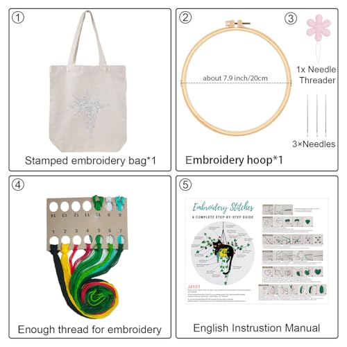 Louise Maelys Plant Cat Embroidery Kit Canvas Tote Bag for Beginners - color: plant cat