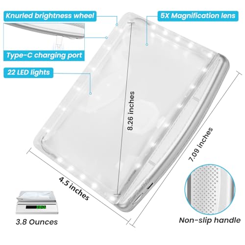 Rechargeable 5X Magnifying Glass for Reading, Large Bright Full Page Magnifier with Light, Handheld LED Dimmable Lighted, Lightweight Book Magnifier for Reading Small Prints Seniors - Silver - color: Silver