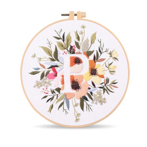 Harimau Letter Pattern P Embroidery Kit for Adult Beginners, Complete Starter Pack with 1 Hoop, Needles, Instruction Guide & Embroidery Stitch Video Tutorials - color: P