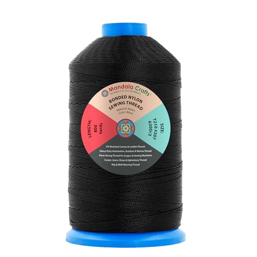 Mandala Crafts Size 207 630D T210 Black Bonded Nylon Thread, 800 YDs - color: Black, size: T210 #207 630D/3 800 Yards