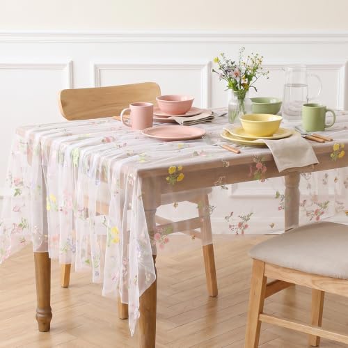 White Gauze Tablecloth 60"x120" Rectangular Wildflower Floral Tulle Overlay - color: White, size: 60"x120", 1 Pc