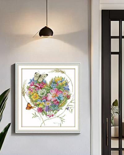 CaptainCrafts Counted Cross Stitch Kits for Adults Kit Butterflies Pattern - color: Butterflies Love Heart Shaped Flower, style: White