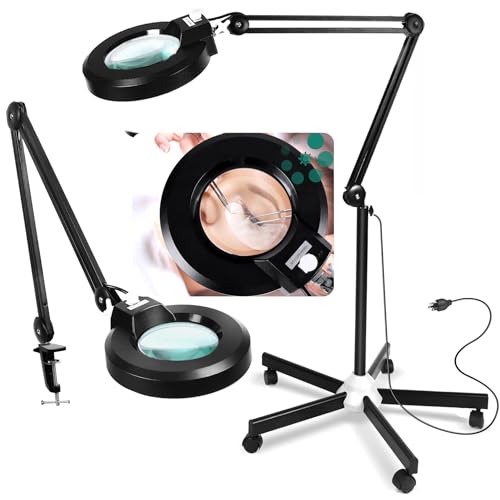 15X Super Bright 2,200 Lumens Magnifying Glass with Light and Stand, Floor Lamp with 5 Wheels Rolling Base for Lash Estheticians, Stepless Dimmable, LED Lighted Magnifier for Sewing Crafts - Black - color: Black