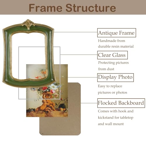 Vintage Picture Frame 4x6 Antique Ornate Photo Frame Tabletop and Wall Hanging Old-Fashioned Style, Decorative Retro Design Home Decor, Photo Gallery, Art, Green - color: Green, size: 4x6