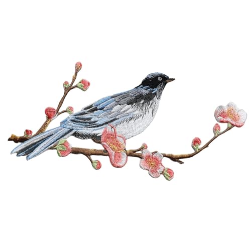 Iron/Sew on Applique Repair Patches, Blue Bird on Plum Branch Patch - color: Blue Bird on Plum Branch