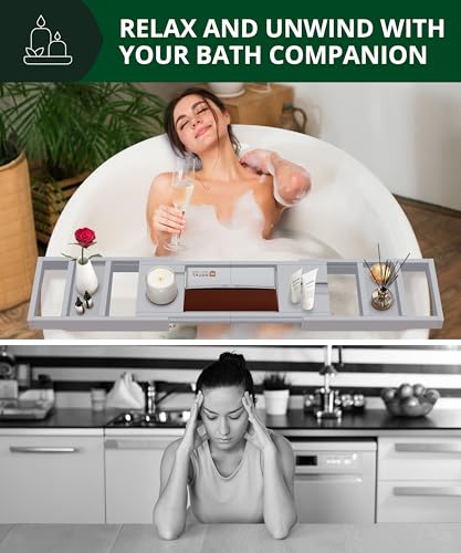 ROYAL CRAFT WOOD Premium Foldable Bathtub Tray Caddy - Wood Bath Tray for Tub, Bamboo Shelf, Expandable Bath Table Trays, Bathtub & Bathroom Accessories for New Home & Mothers, Birthday Gifts for Mom - color: Gray