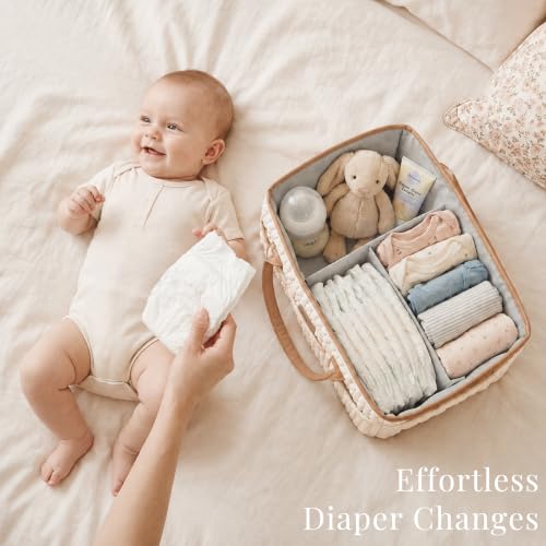 Konssy Baby Diaper Caddy Organizer, Braided Quilted Design with PU Handles - color: Toffee Brown