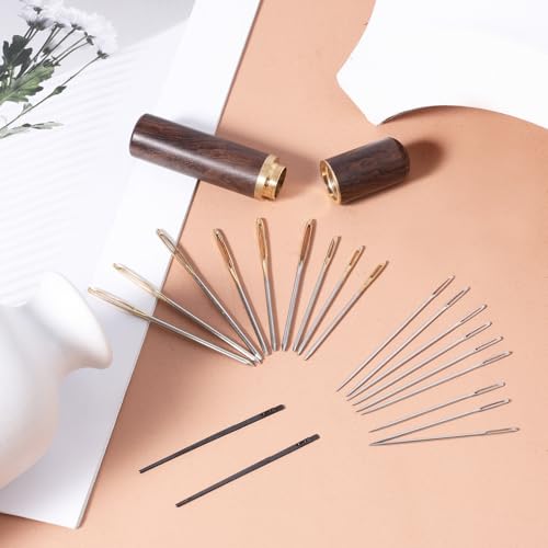 20pcs Large Eye Sewing Stainless Needles, Big Eye Embroidery Needles Steel Blunt & Sharp Tapestry Needle Hand Knitting Needle with Wooden Case for Leather Stitching Quilting Crochet Weaving Project