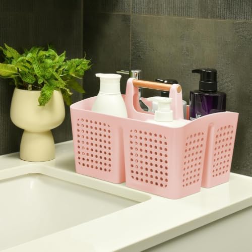 Portable Shower Caddy Basket with 3 Compartments and Handle, Pink - color: Pink