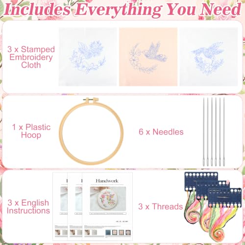 Mindsoft 3 Set Needlepoint Kit for Beginners with Hoop,Flower Hummingbird - style: Flower Hummingbird