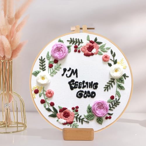 Topapfo Funny Embroidery Kit for Beginners Adults, Feeling Good Embroidery Patterns with Hoops Thread Needles Tutorials - color: feeling good