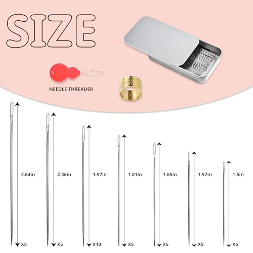 L'EclatDina 40PCS Sewing Needles Set, Large Eye for Hand Sewing, 7 Sizes Stainless Steel, with Threader & Magnetic Pin Cushion, for Embroidery & Crafts