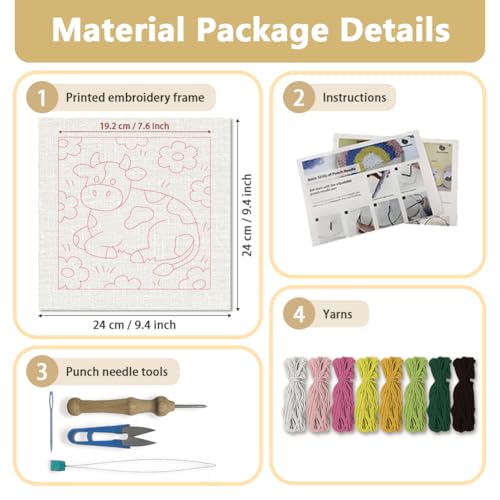 Doodlream Cow Flower Needle Kit for Beginner, 9.4"x 9.4" Cartoon Animal Punch Stitching Craft Set, Color DIY Embroidery Starter with Printed Frame, Instruction, Threader, Yarn, Pinch Needle - color: Cow